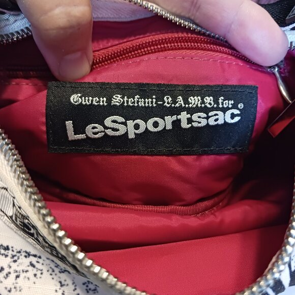 VTG Le SportSac x L.A.M.B. Black White One Zip Shoulder Bag Silver Hardware 9x6" - Picture 10 of 16